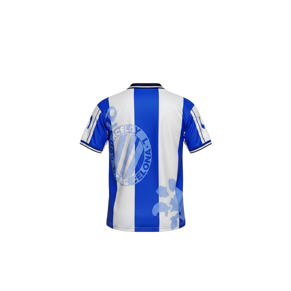 Archive Football Espanyol 1998 home retro jersey, blue and white striped polyester shirt with back view details.