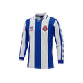 Archive Football Espanyol 1984/85 retro home jersey in blue and white stripes with long sleeves and embroidered crest.