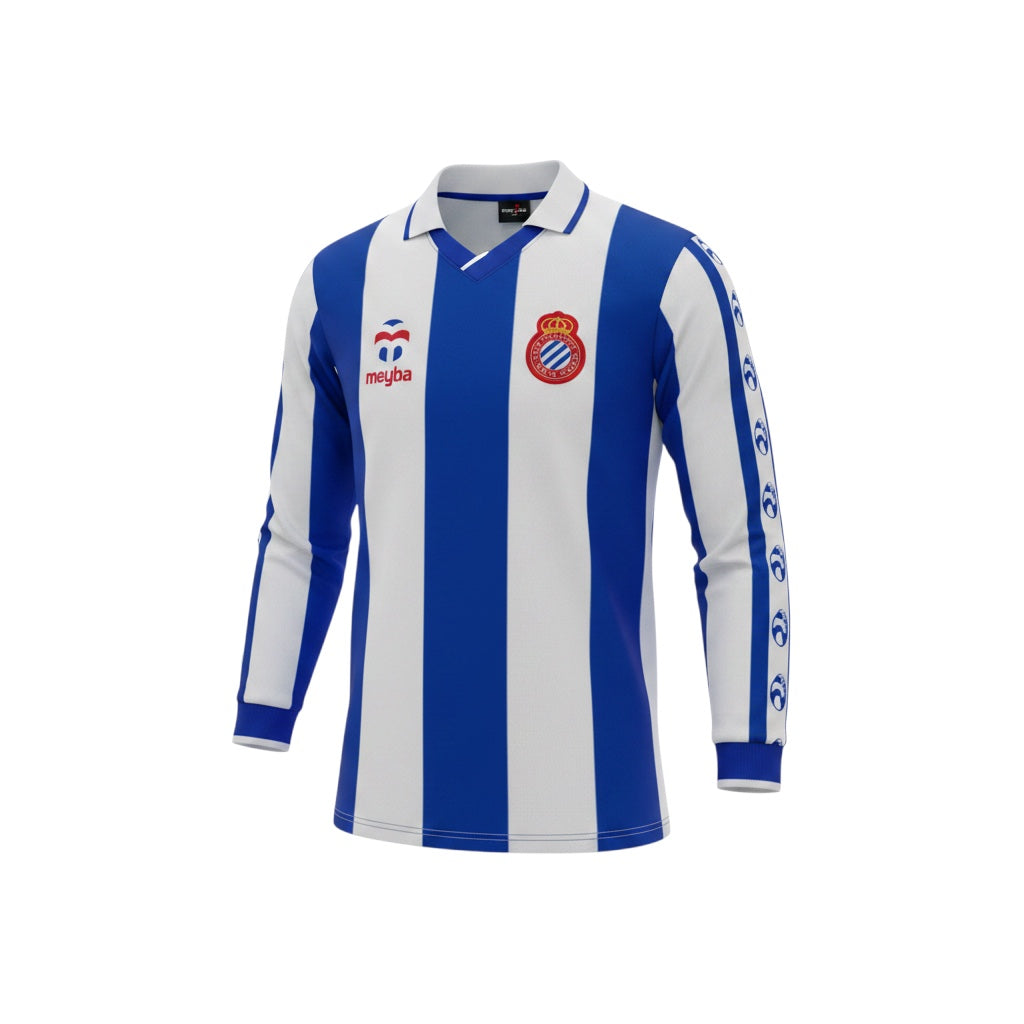 Archive Football Espanyol 1984/85 retro home jersey in blue and white stripes with long sleeves and embroidered crest.