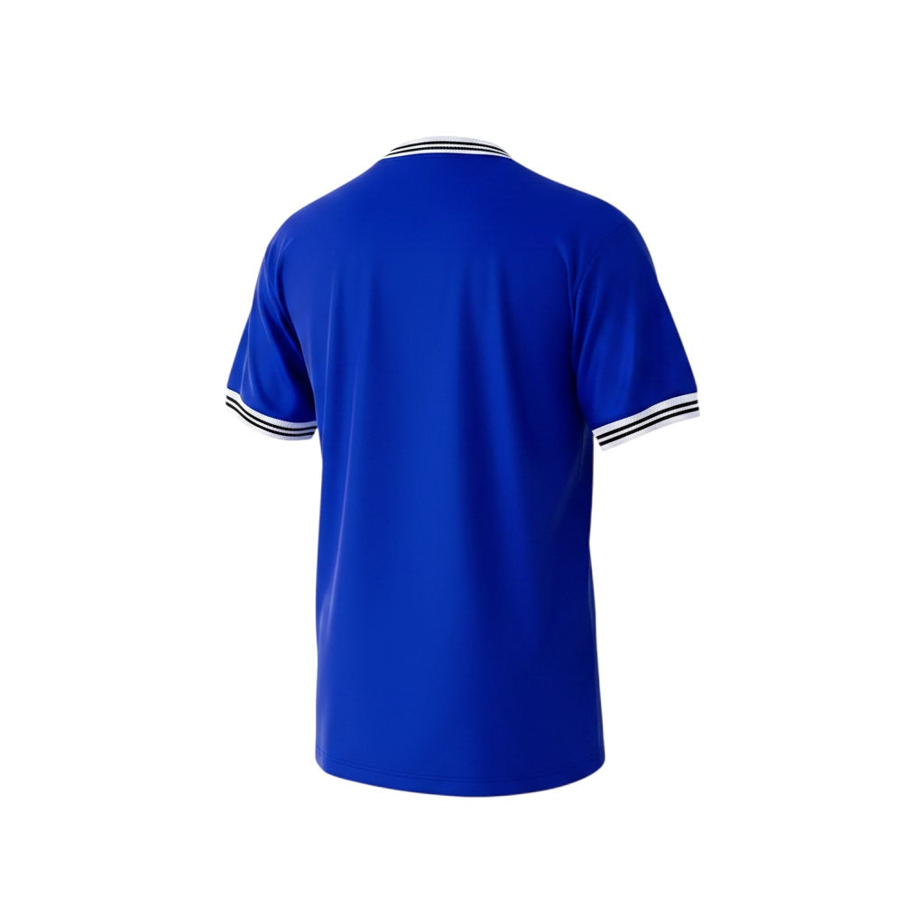 Archive Football Everton 1985 retro home jersey in royal blue with white and black striped collar and sleeve cuffs.