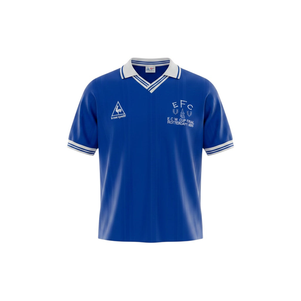Archive Football 1985 Everton home retro jersey in blue with white collar, embroidered crest, and sponsor logo.