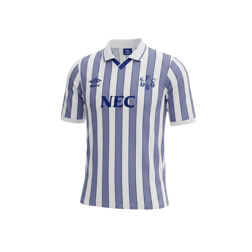 Archive Football Everton 1988/90 retro away jersey in white and blue stripes with embroidered crest and NEC logo