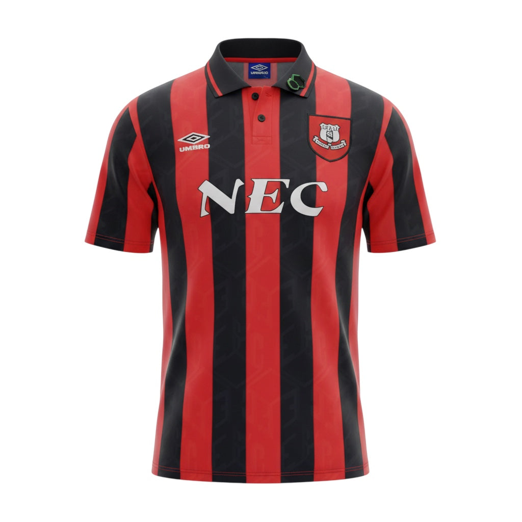 Archive Football Everton 1992/94 away retro jersey in black and red stripes with a classic collar and NEC sponsor logo