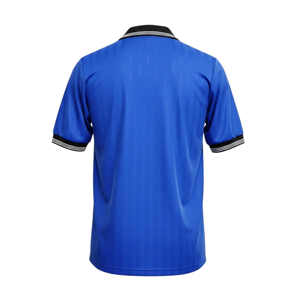 Back view of the Archive Football Everton 1995 retro jersey in blue polyester with black and white striped trim.