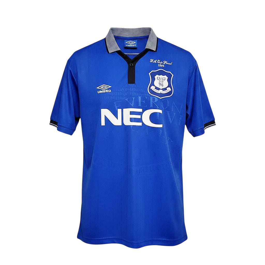 Archive Football Everton 1995 retro soccer jersey in blue with embroidered crest, NEC sponsor, and striped collar
