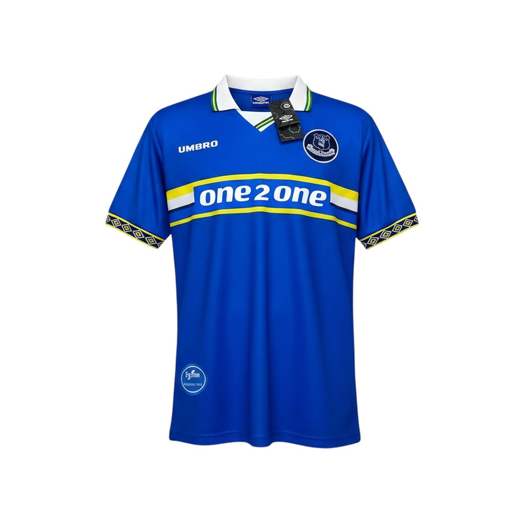 Archive Football Everton 1997/99 retro home jersey in blue with white collar and iconic sponsor logo
