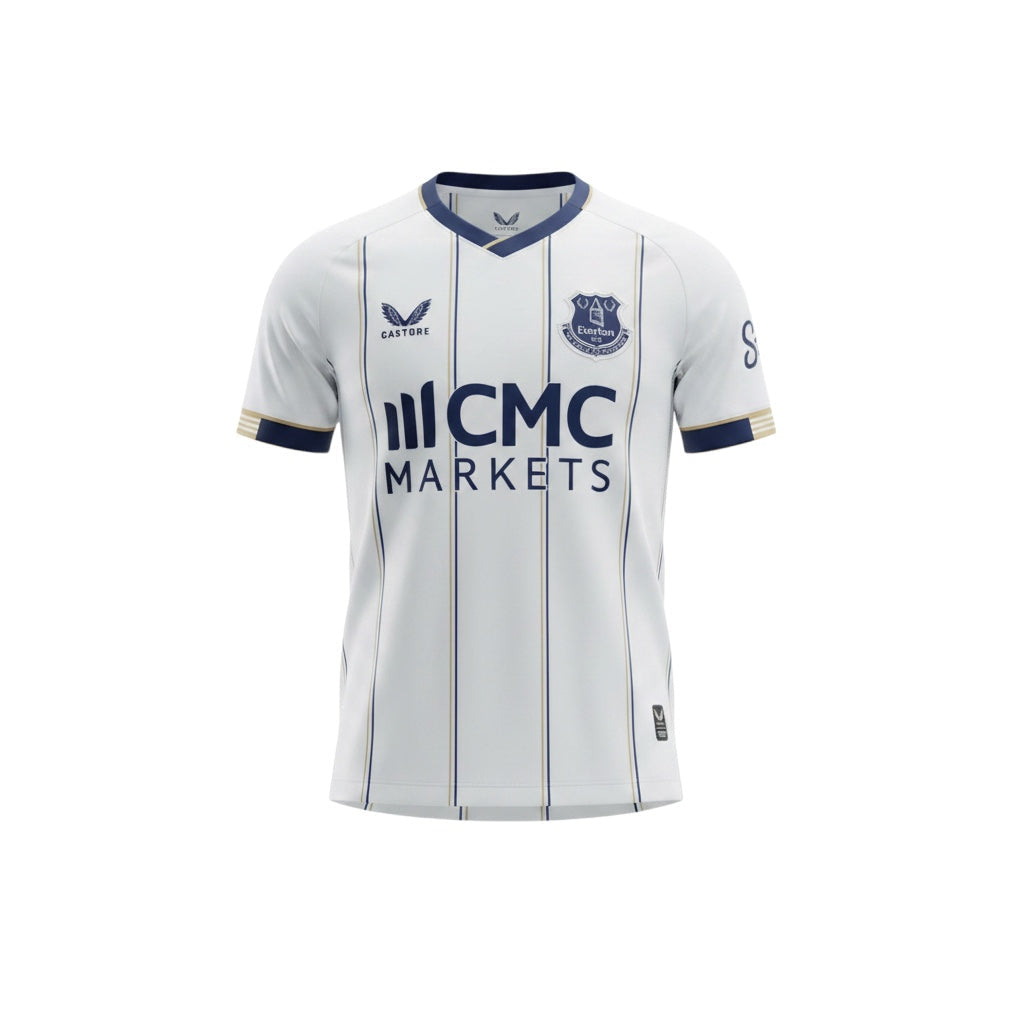 Archive Football Everton 2026/2027 away jersey in white with navy pinstripes, team emblem, and sponsor logo.