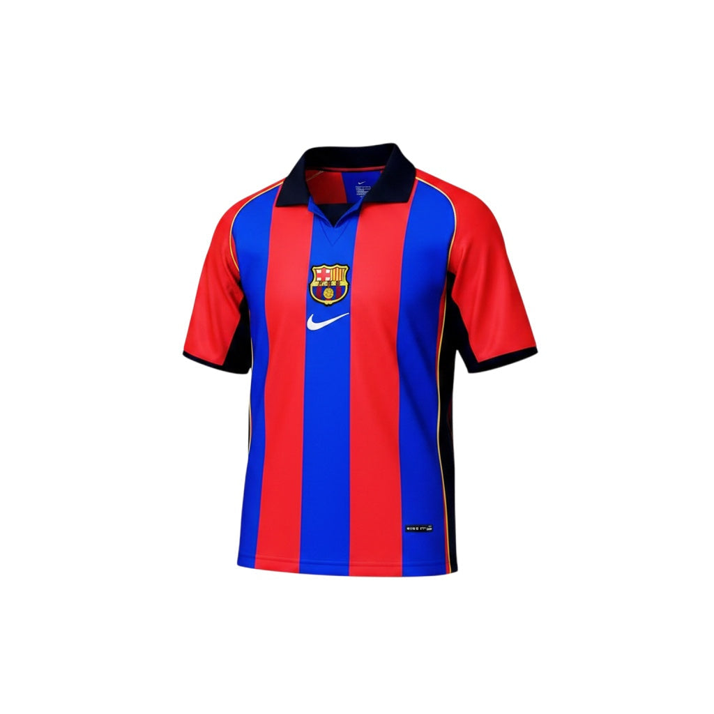 Archive Football FC Barcelona 2004/05 home retro jersey in iconic red and blue stripes with a classic polo collar