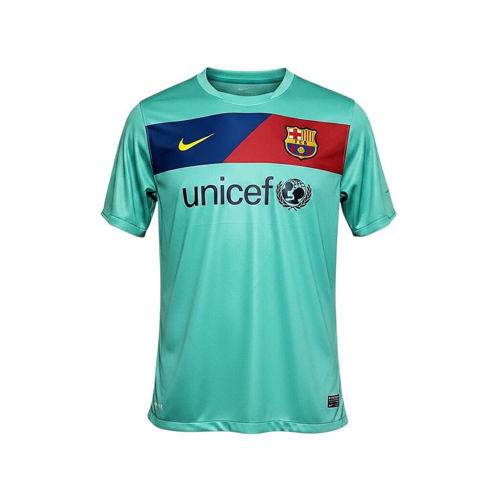 Archive Football FC Barcelona 2010/11 away retro jersey in mint green with blue and red chest panel and sponsor logo