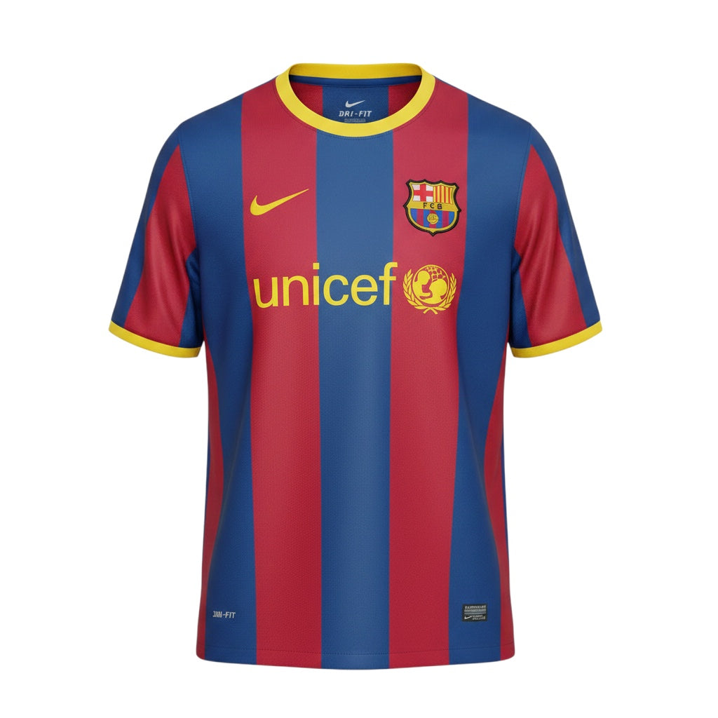Archive Football FC Barcelona 2010/11 home jersey in iconic red and blue stripes with yellow trim and sponsor logo