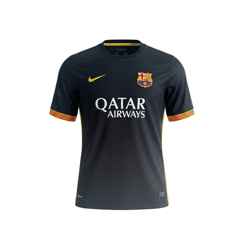 Archive Football FC Barcelona 2013/14 home retro jersey in dark grey with yellow accents and embroidered club crest.
