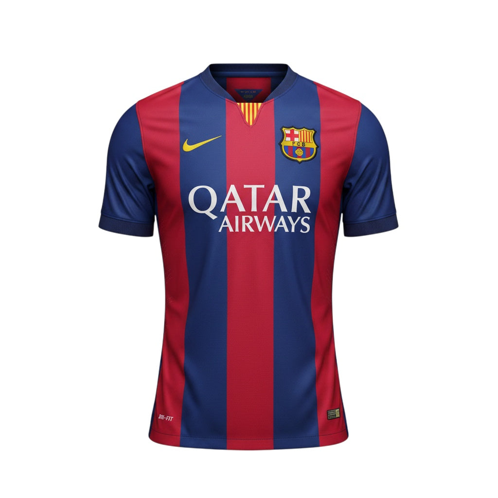 Archive Football FC Barcelona 2014/15 home jersey in iconic red and blue stripes with embroidered crest and logos