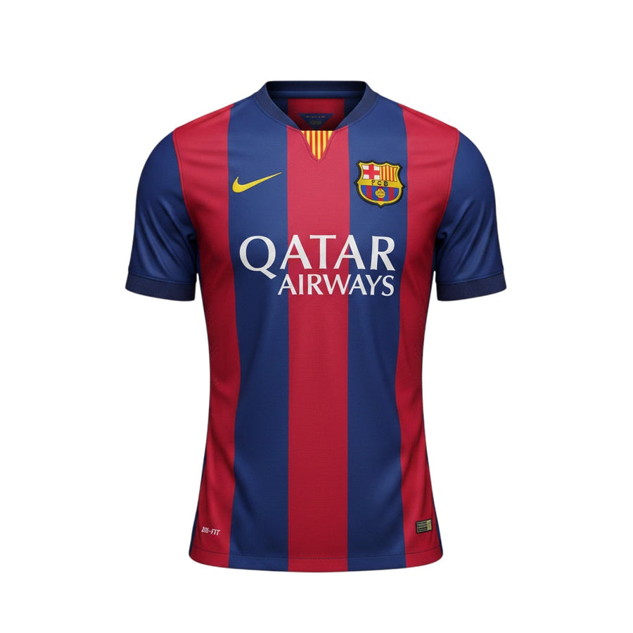 Archive Football FC Barcelona 2014/15 home jersey in iconic red and blue stripes with embroidered crest and logos