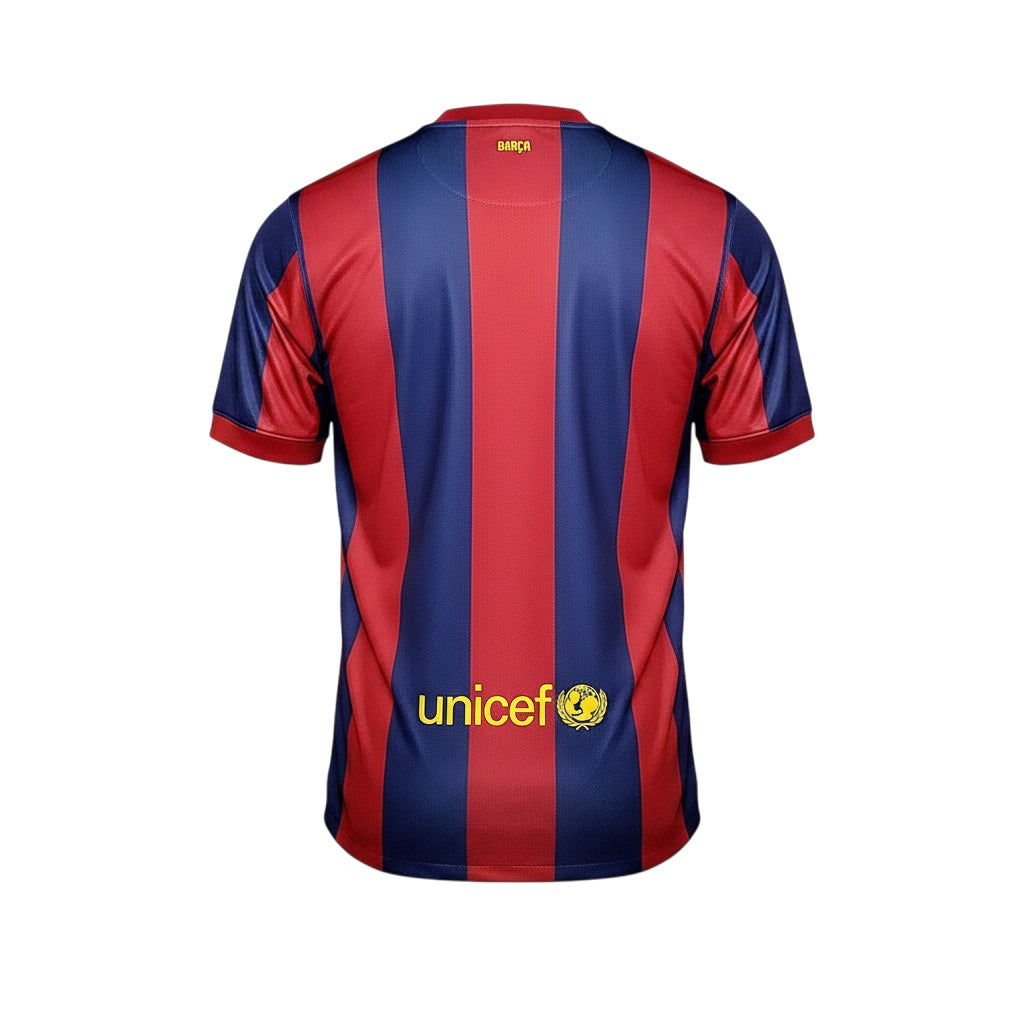 Archive Football FC Barcelona 2014/15 home retro jersey back view with red and blue stripes and yellow unicef logo