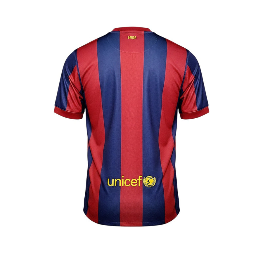 Archive Football FC Barcelona 2014/15 home retro jersey back view with red and blue stripes and yellow unicef logo