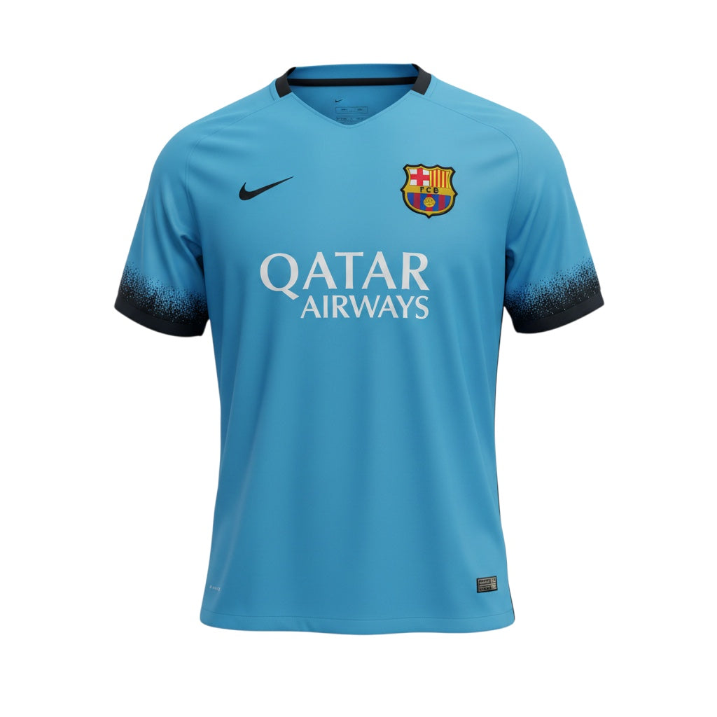 Archive Football FC Barcelona 2015/16 third retro jersey in light blue with black gradient sleeves and team crest
