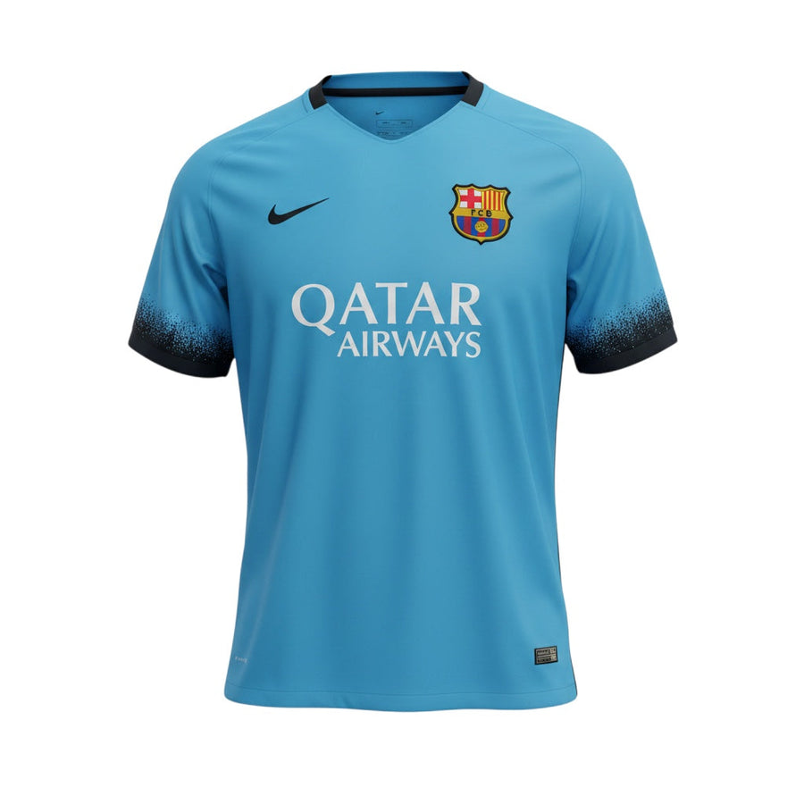 Archive Football FC Barcelona 2015/16 third retro jersey in light blue with black gradient sleeves and team crest