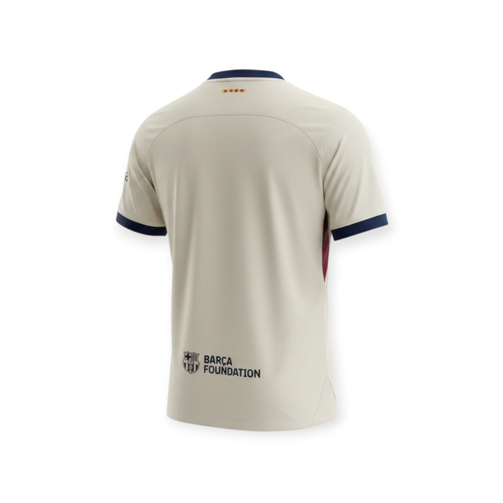 Archive Football FC Barcelona 2026/2027 fourth jersey, back view in off-white polyester with navy trim and logo.