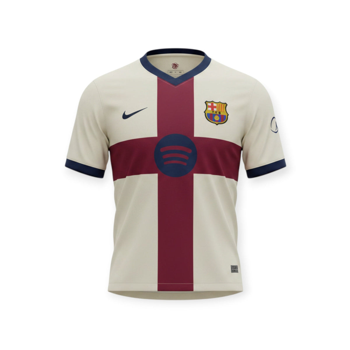 Archive Football FC Barcelona 2026/2027 fourth jersey in cream with a maroon cross design and navy blue accents.