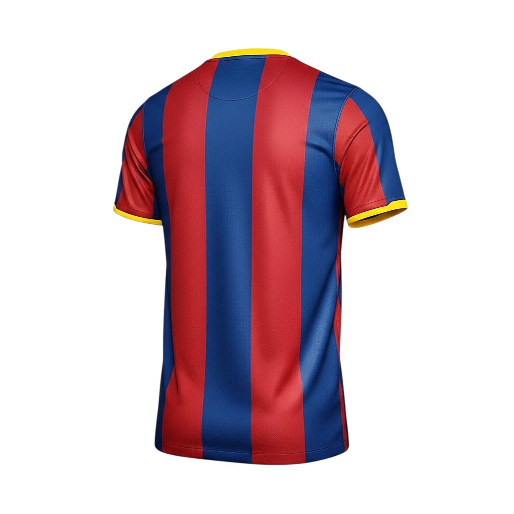 Archive Football FC Barcelona 2010/11 retro home jersey, back view featuring classic blue and red vertical stripes.