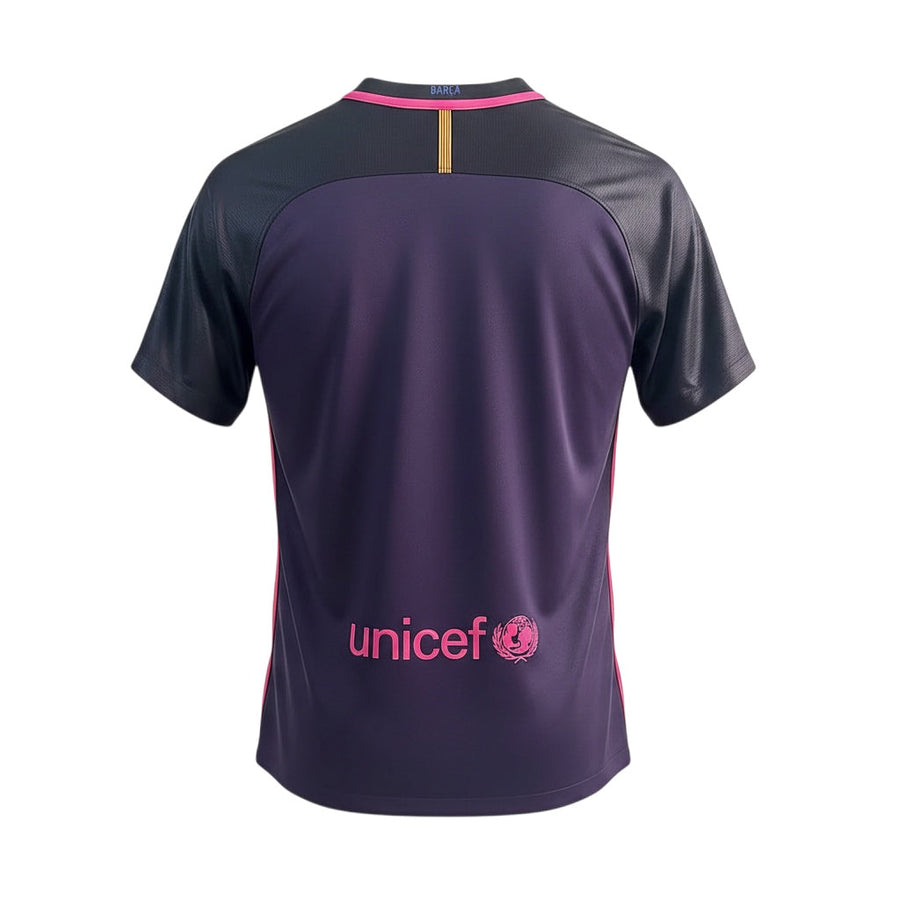 Archive Football FC Barcelona 2016/17 retro home jersey back view in purple and black with pink Unicef logo detail