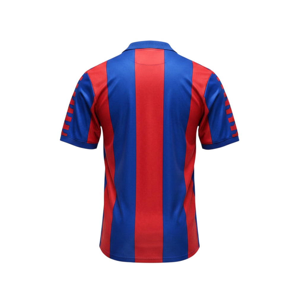 Archive Football FC Barcelona 1982/84 retro home jersey in blue and red striped polyester with a polo collar back view