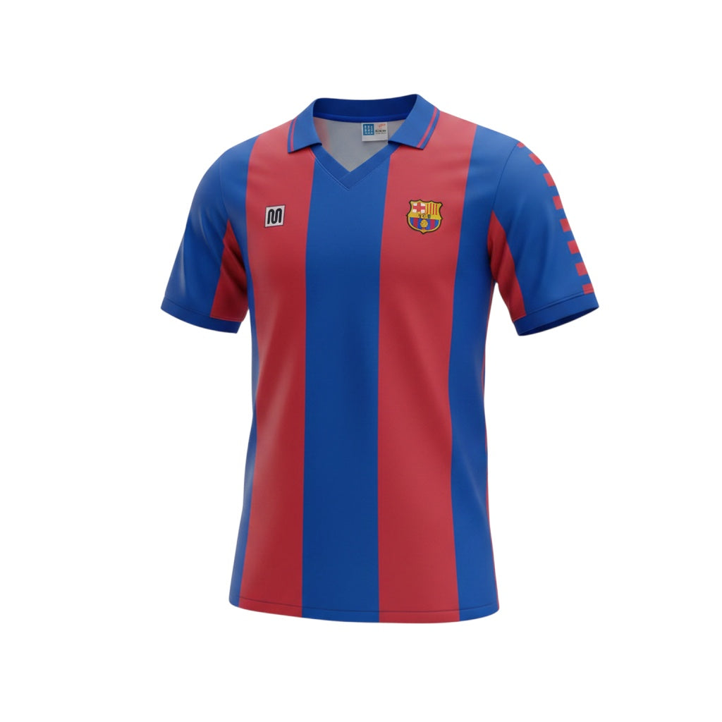 Archive Football FC Barcelona 1982/84 retro home jersey in blue and red stripes with a classic polo collar