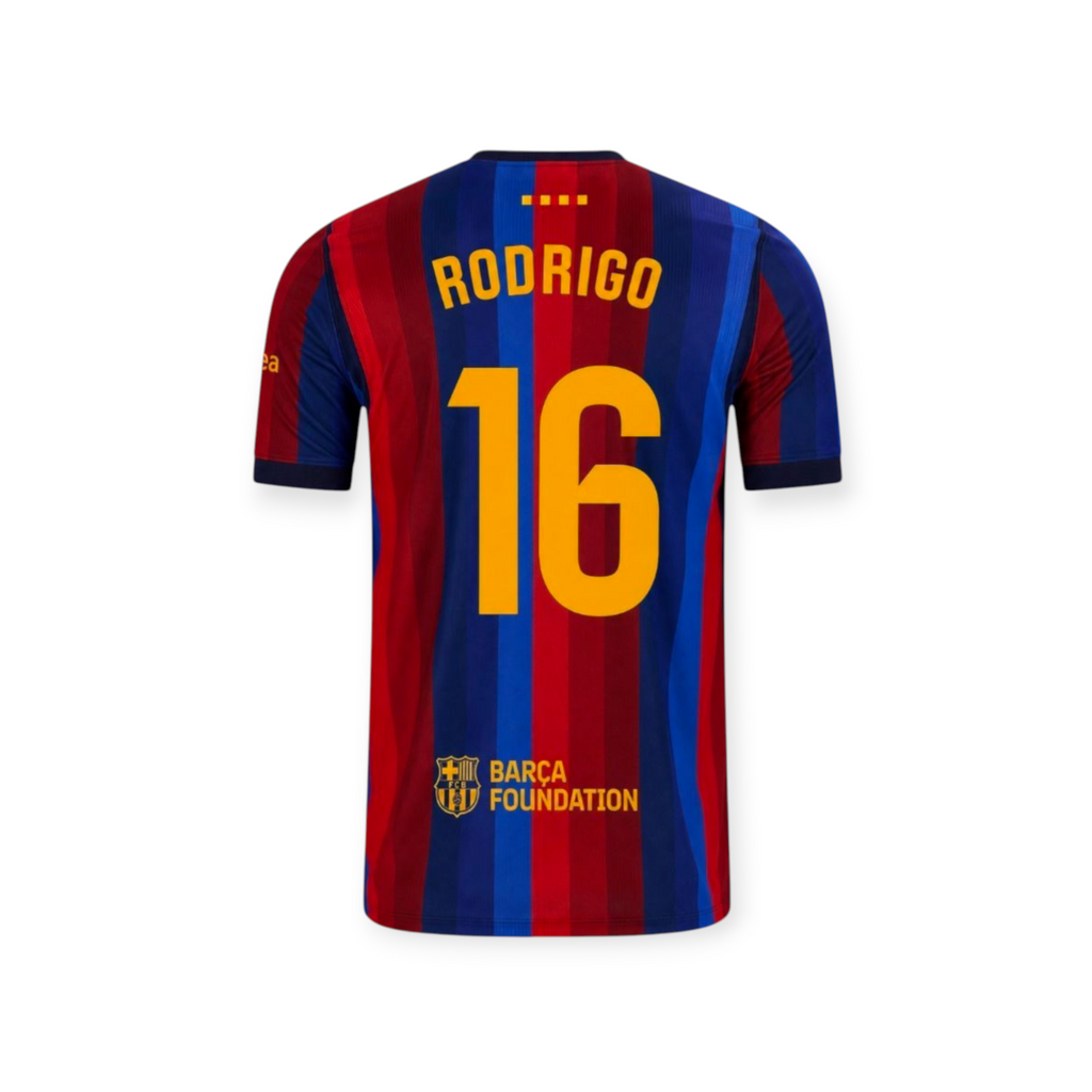 Archive Football FC Barcelona 2026/27 home jersey with Rodrigo name and number 16 in blue and red striped polyester