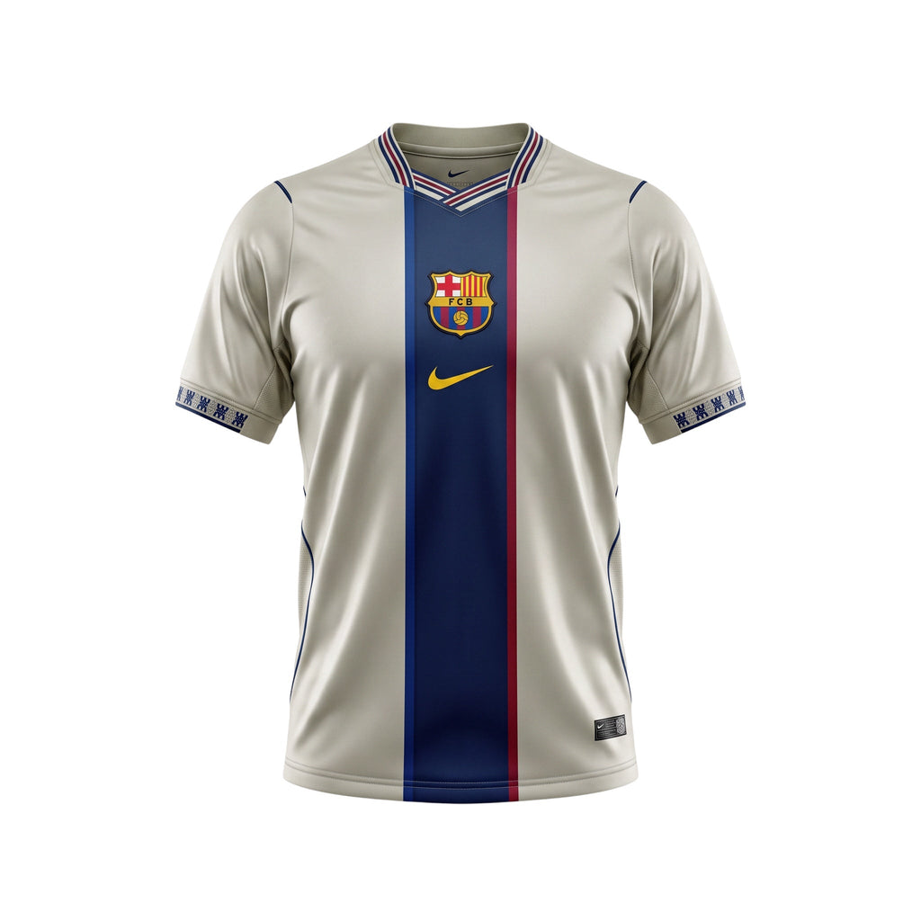 Archive Football FC Barcelona 2026/2027 special edition jersey in beige with blue and red central stripe details.