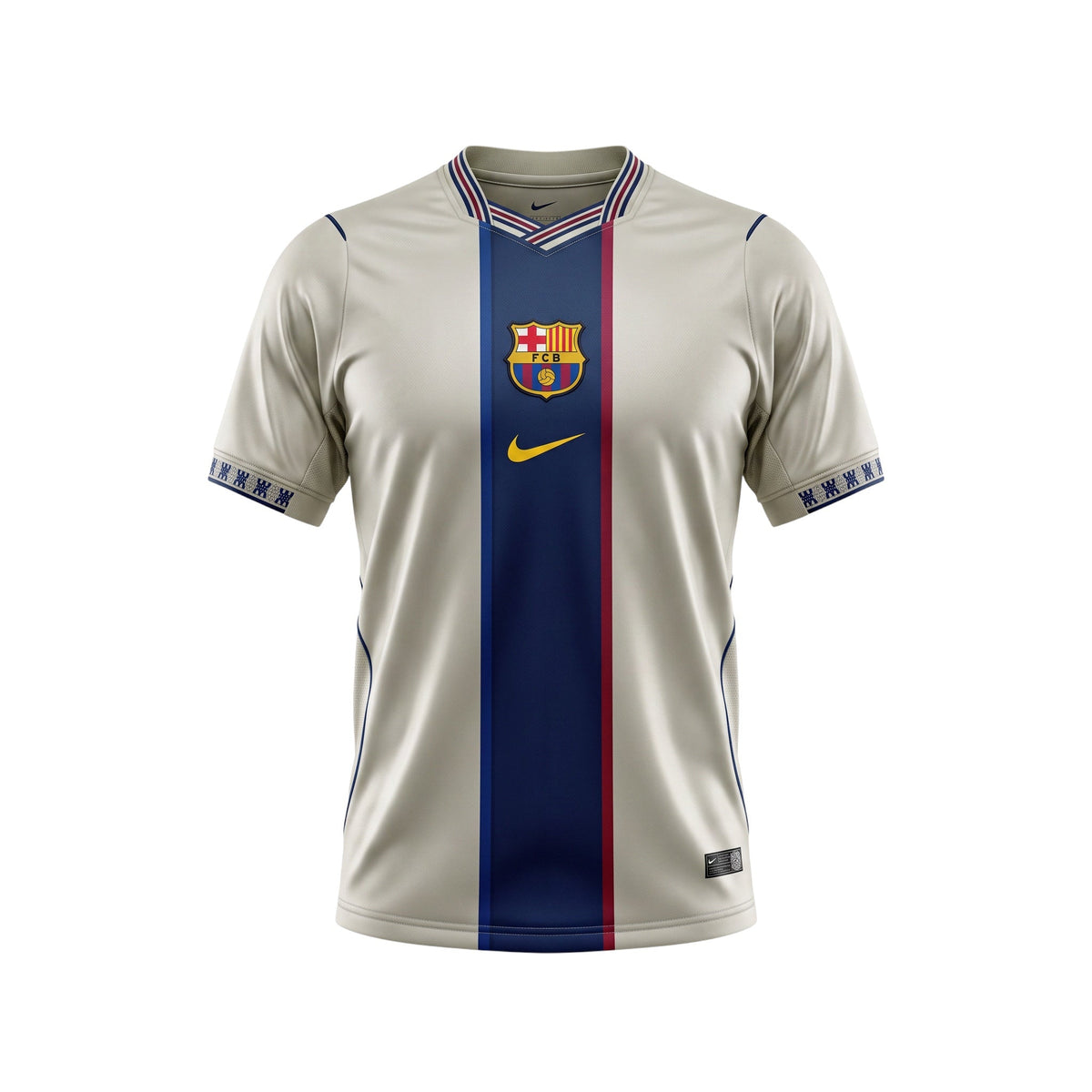 Archive Football FC Barcelona 2026/2027 special edition jersey in beige with blue and red central stripe details.