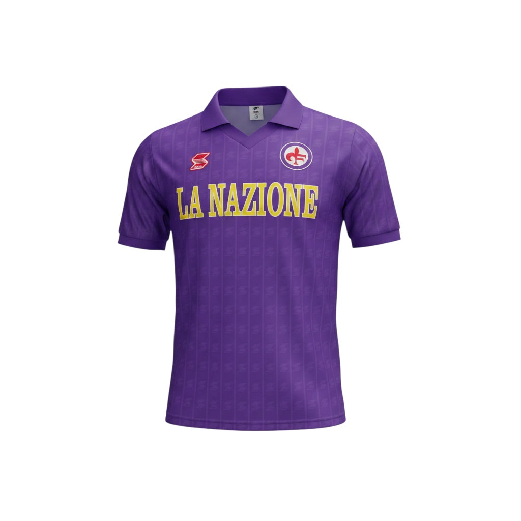 Archive Football Fiorentina 1989/90 home retro jersey in purple with yellow sponsor logo and embroidered club crest.