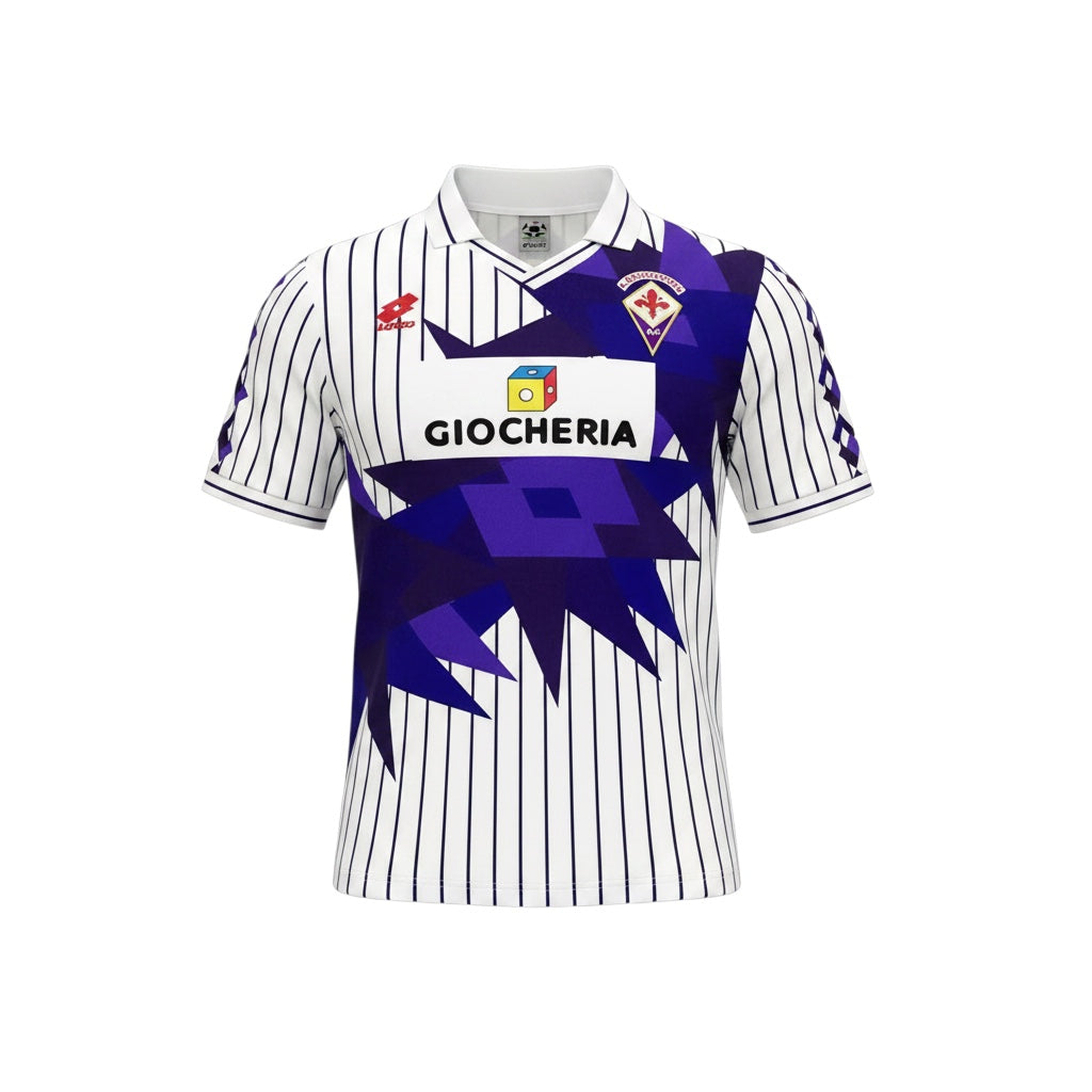 Archive Football Fiorentina 1991/92 away retro jersey in white with purple geometric patterns and pinstripes.