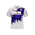 Archive Football Fiorentina 1991/92 away retro jersey in white with purple geometric patterns and pinstripes.