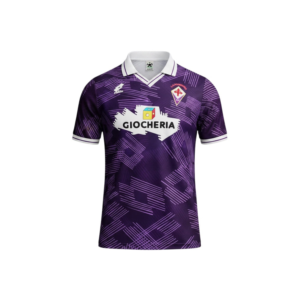 Archive Football Fiorentina 1991/92 home retro jersey in purple with white collar and Giocheria sponsor logo.
