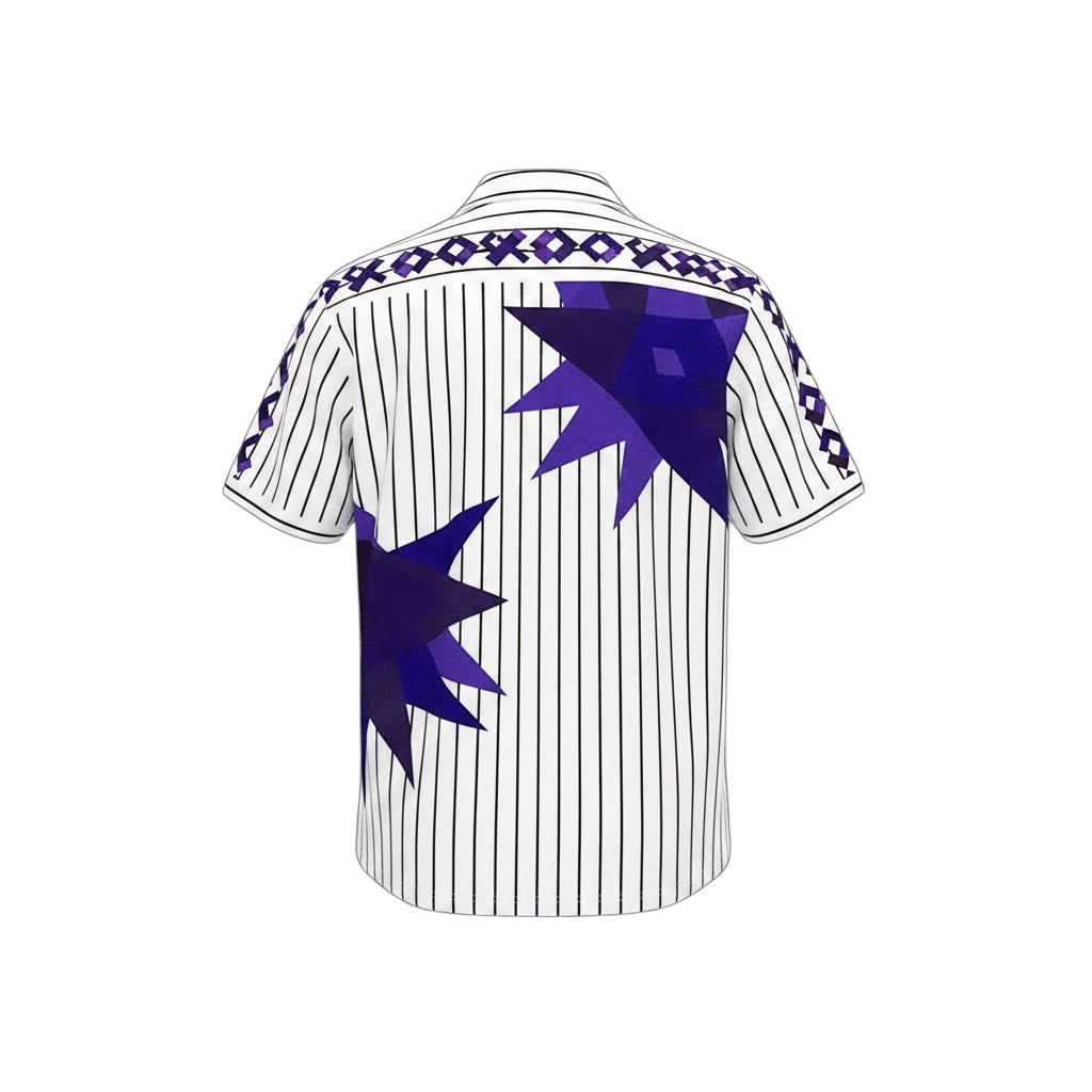 Archive Football Fiorentina 1991/92 away retro jersey featuring white pinstripes and purple geometric star patterns.