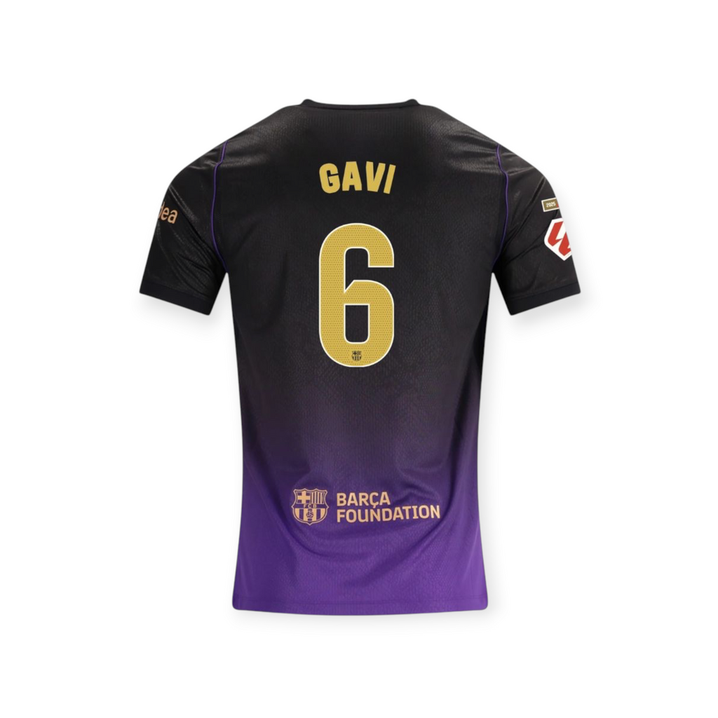 Archive Football Gavi FC Barcelona 2026/27 away jersey in black and purple with gold player name and number 6