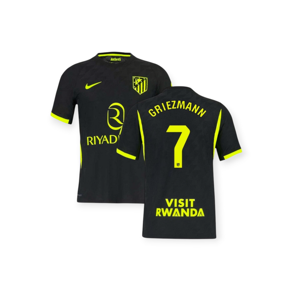 Archive Football Griezmann Atletico de Madrid 2026/27 away jersey in black with neon yellow accents and player details.