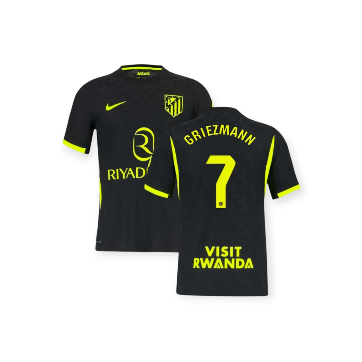 Archive Football Griezmann Atletico de Madrid 2026/27 away jersey in black with neon yellow accents and player details.
