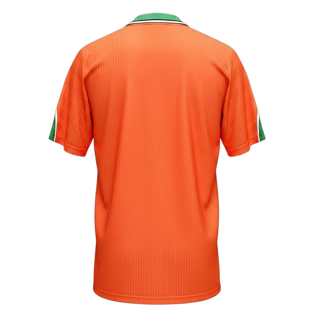 Back view of the Archive Football Ireland 1997 away retro jersey in orange with green and white collar trim.