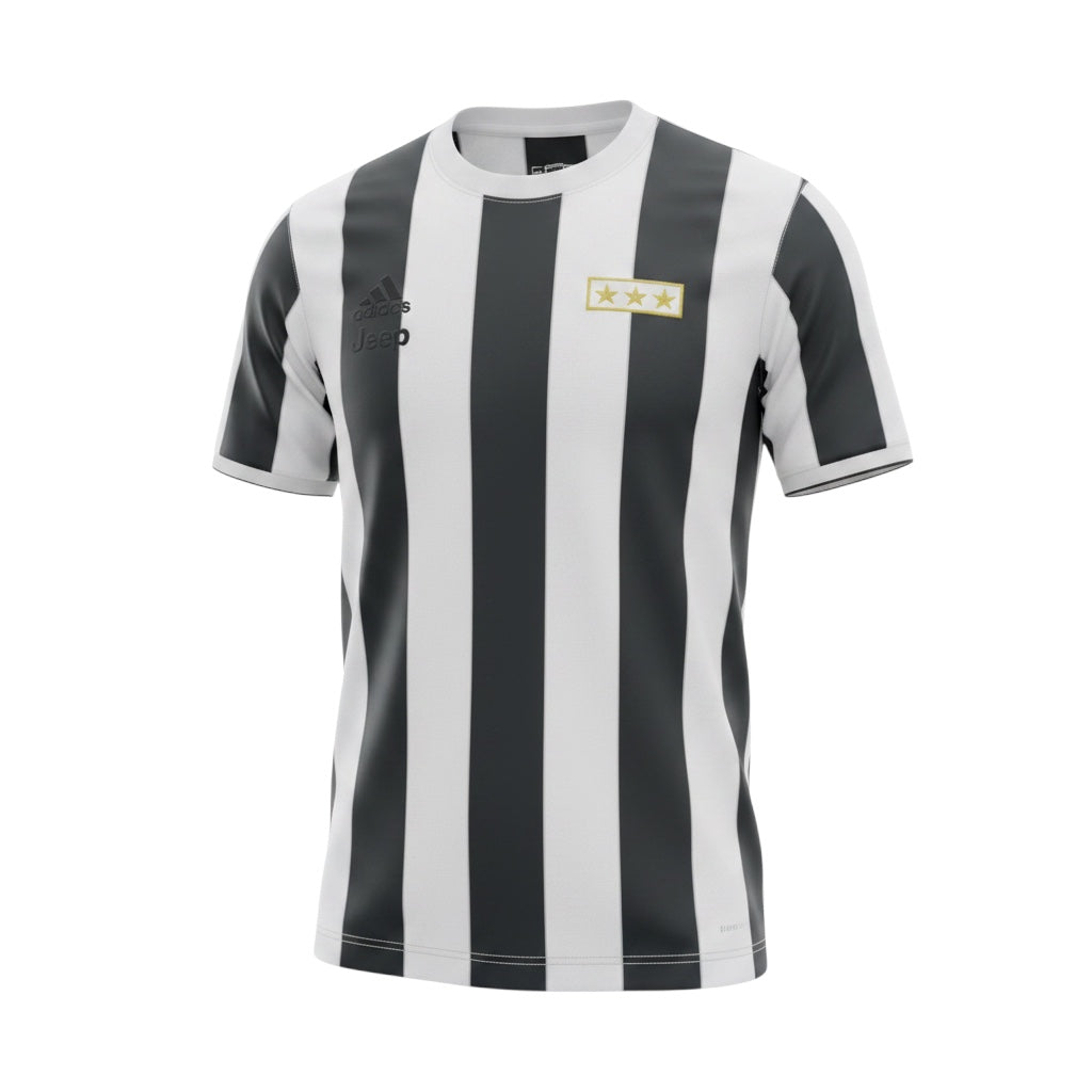 Archive Football Juventus 2017/18 retro soccer jersey in black and white stripes with embroidered logo and gold stars