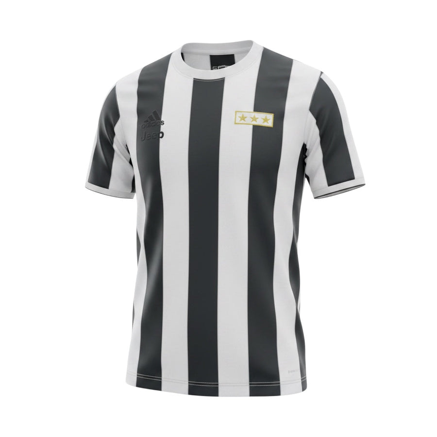 Archive Football Juventus 2017/18 retro soccer jersey in black and white stripes with embroidered logo and gold stars
