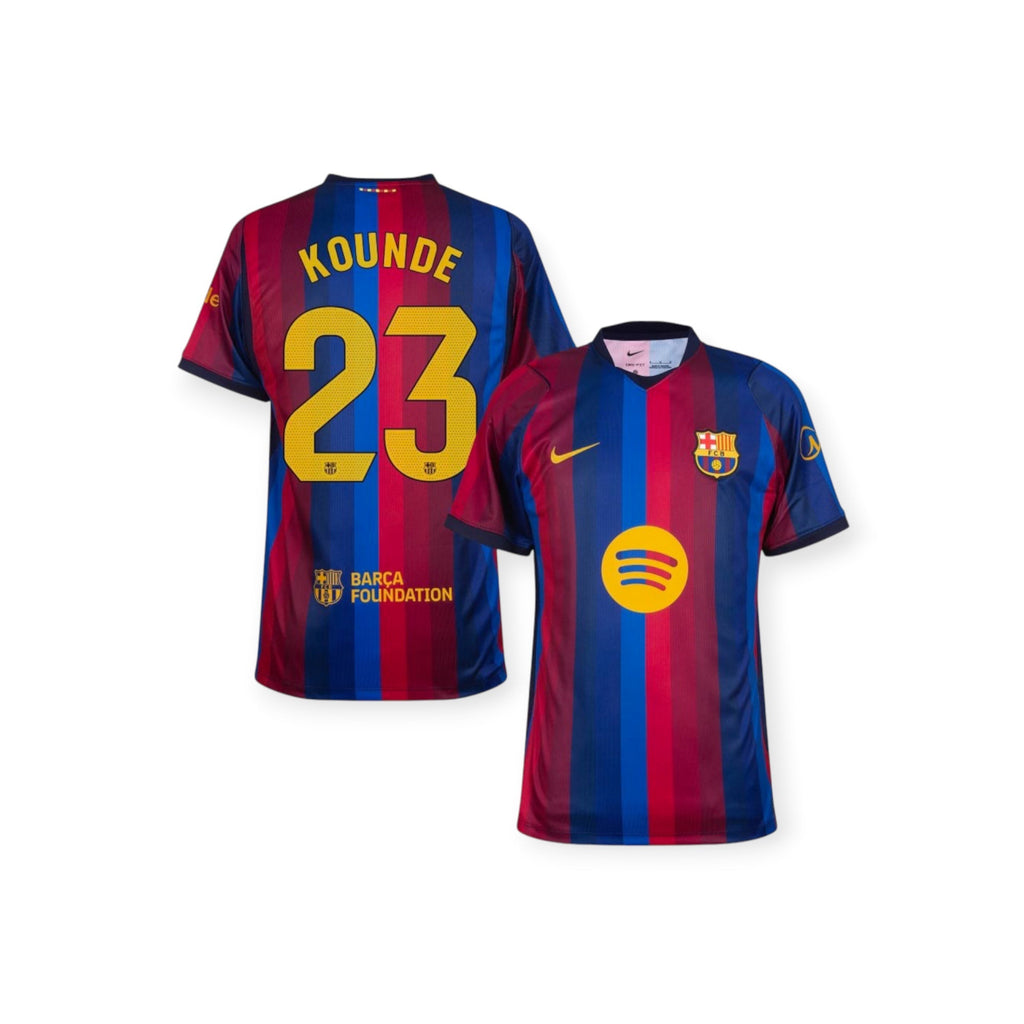 Archive Football Koundé FC Barcelona 2026/27 home jersey featuring blue and red stripes with yellow player details.