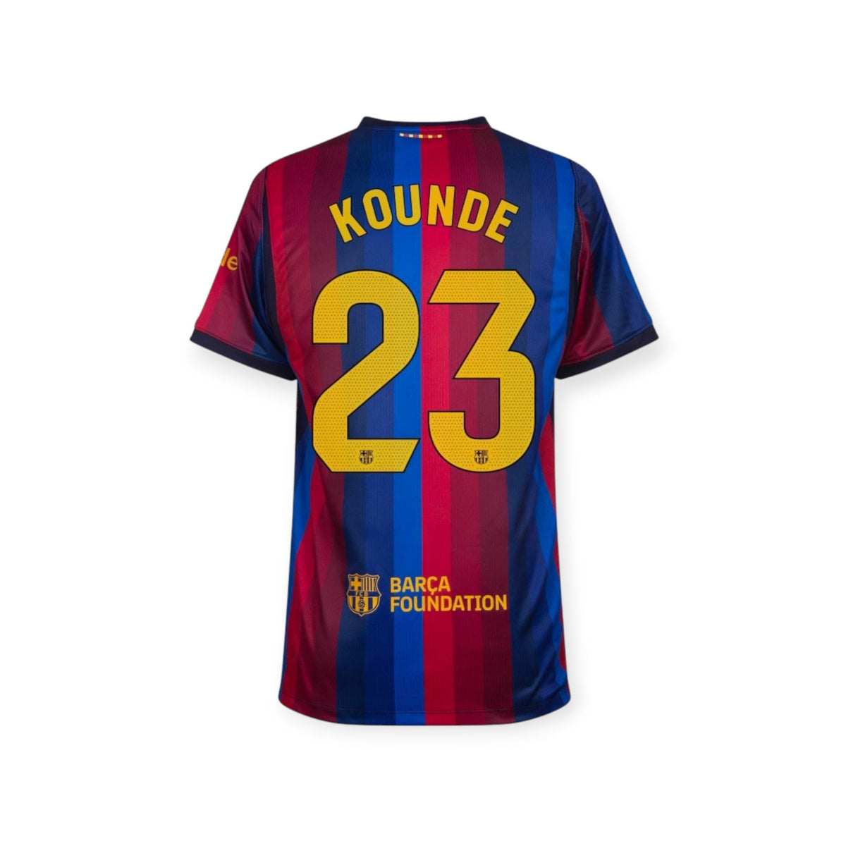 Archive Football FC Barcelona 2026/27 home jersey with Koundé 23 on the back in blue and red striped polyester