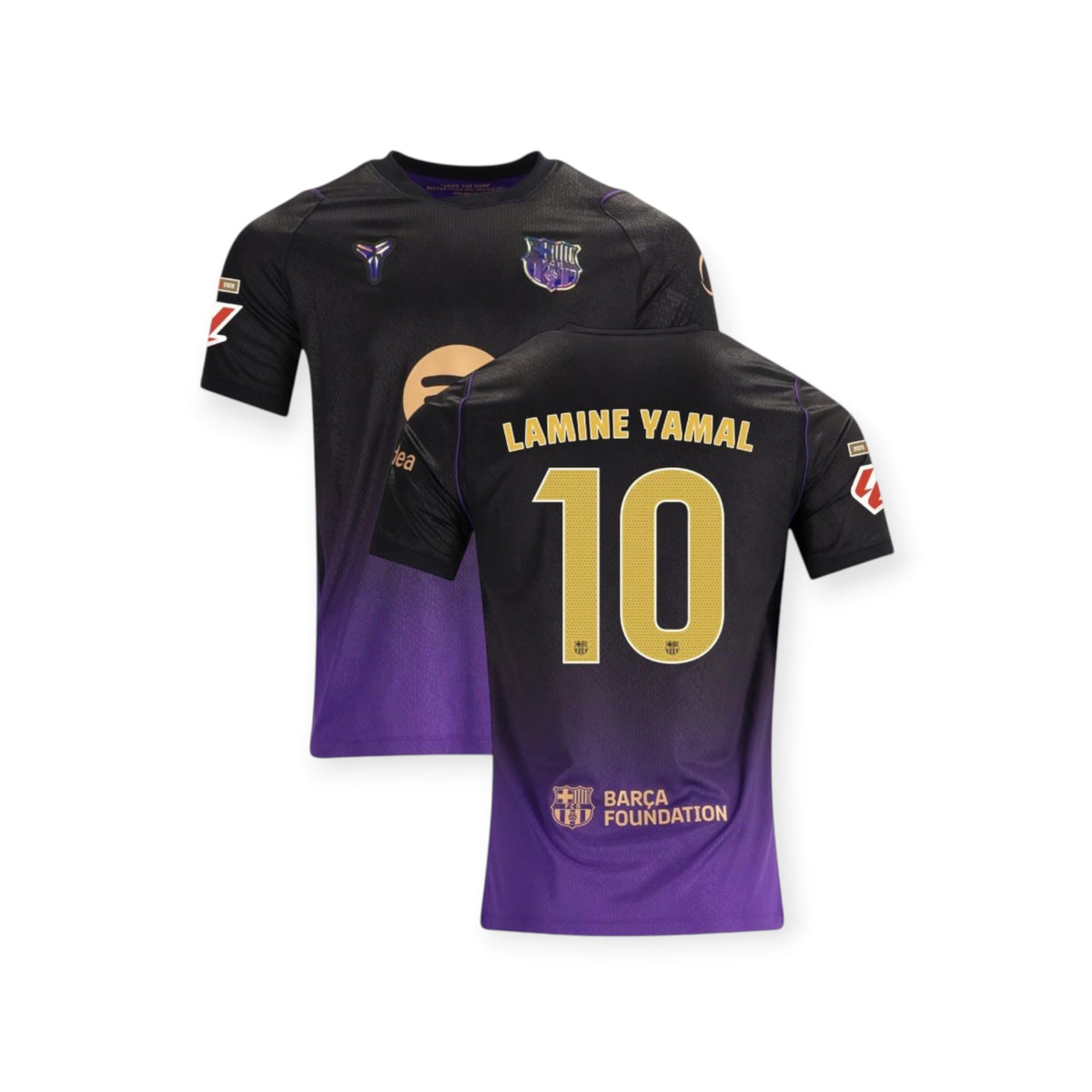 Archive Football Lamine Yamal FC Barcelona 2026/27 away jersey in black and purple with gold player name and number.