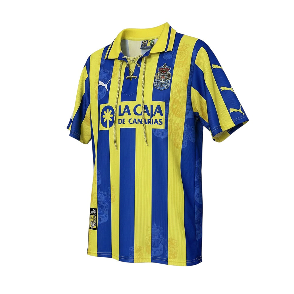 Archive Football Las Palmas 1997/98 retro away jersey in blue and yellow stripes with lace-up collar and embroidered crest