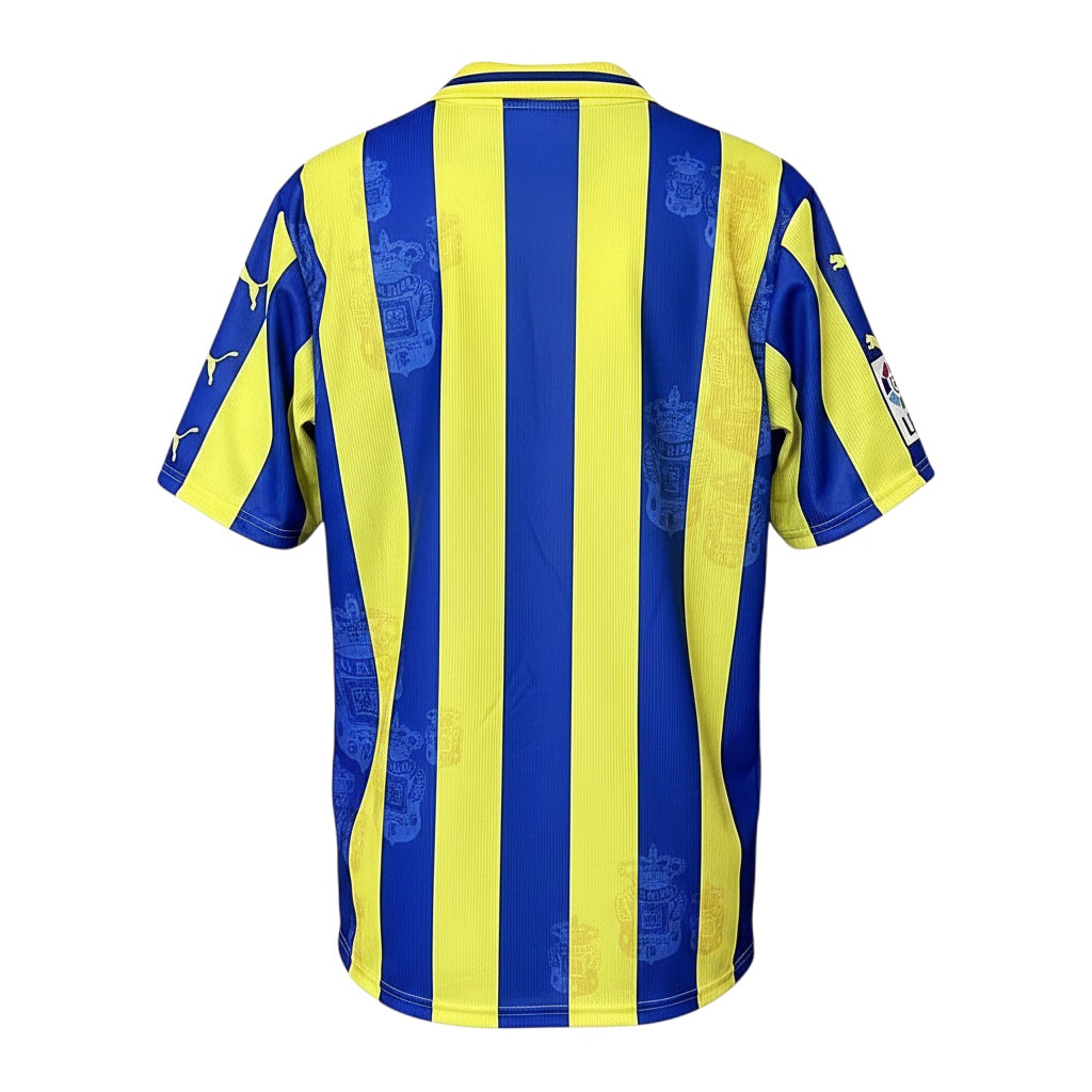 Archive Football Las Palmas 1997/98 away retro jersey in blue and yellow vertical stripes with embroidered details.