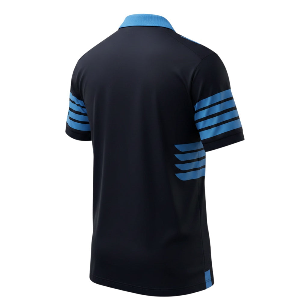 Archive Football Lazio 2016 away retro jersey in black with light blue sleeve stripes and collar, back view.