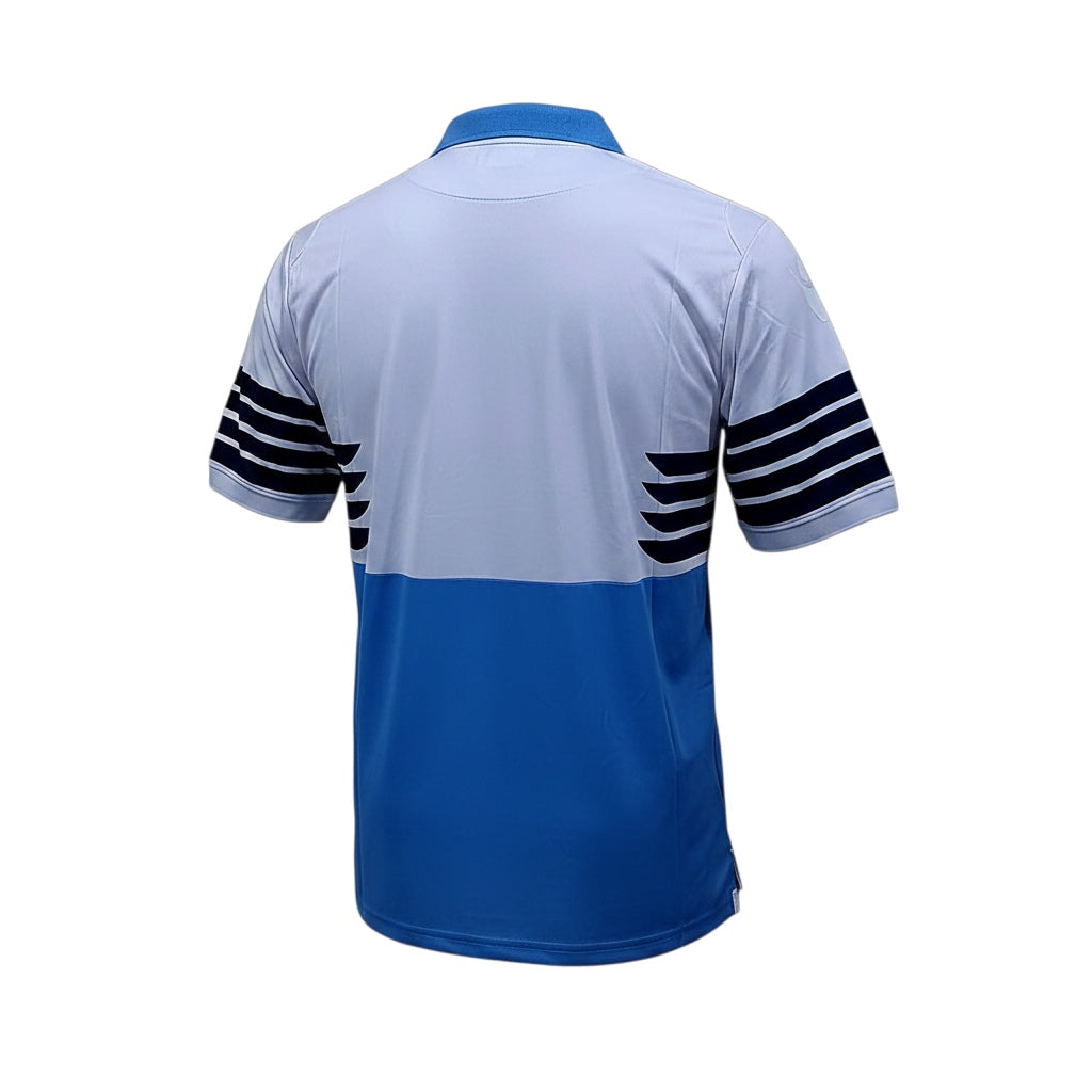 Back view of Archive Football Lazio 2018 retro home jersey in light blue and navy with a classic polo collar.