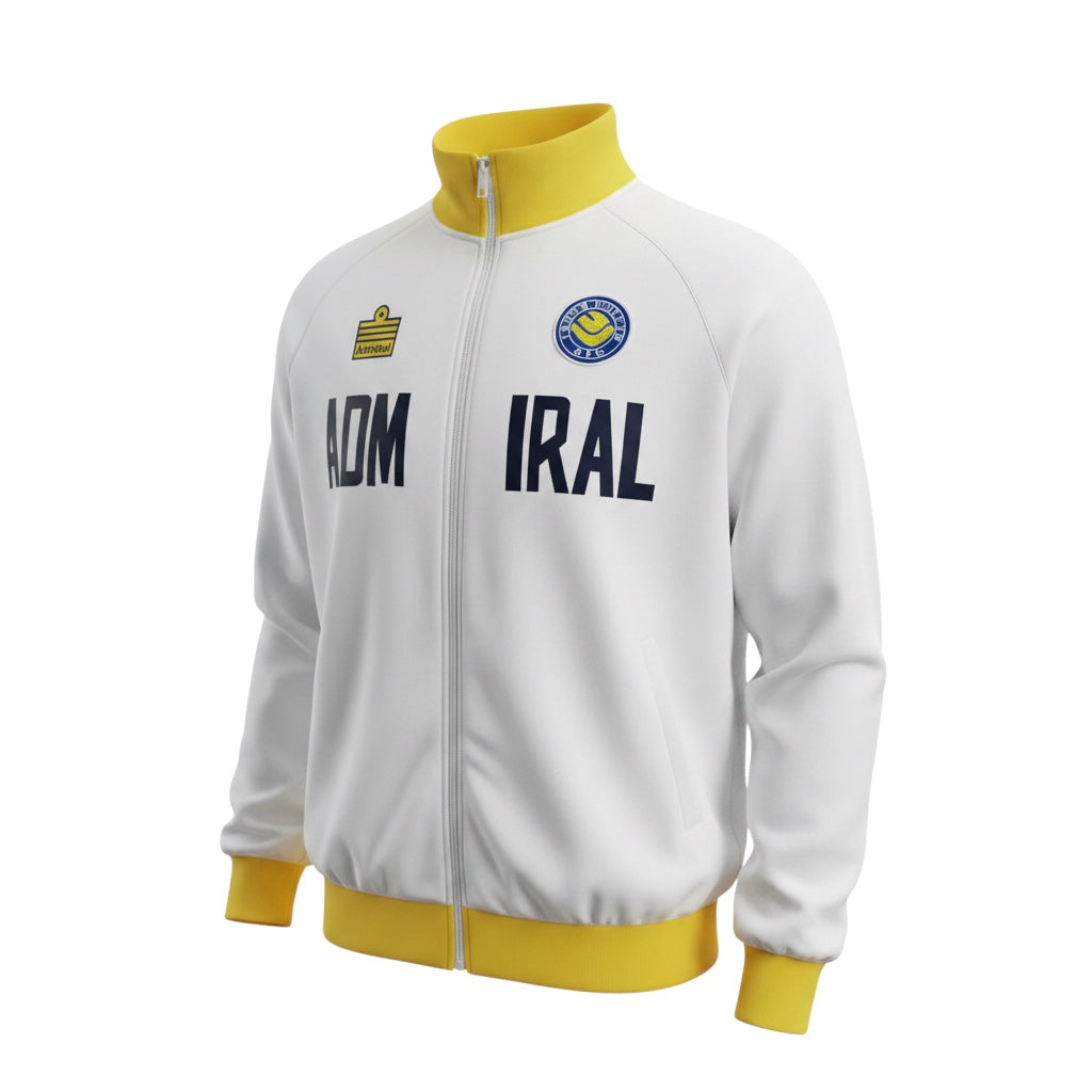 Archive Football Leeds United 1978 retro jacket in white with yellow trim, embroidered crest and Admiral branding.