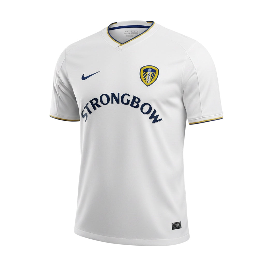 Archive Football Leeds United 2000/01 white home retro jersey with embroidered crest and navy Strongbow sponsor logo.